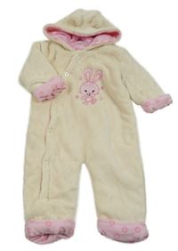 Smetanová plyšová lehce zateplená kombinéza s králíkem a kapucí 