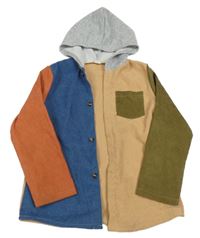 Béžovo-khaki-modrá žebrovaná sametová košile s kapucí shein