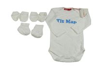4set - bílé body s nápisem + bílé capáčky + 2x bílé rukavice 
