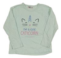Mintové pyžamové triko s kočičkou a nápisem 