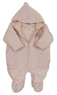 Světlerůžová sametová zateplená kombinéza s medvídkem a kapucí 