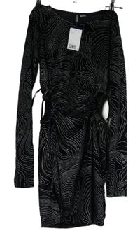 Nové - Dámské černo-stříbrné třpytivé vzorované sametové šaty s průstřihy H&M