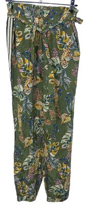 Dámské khaki květované volné kalhoty s páskem Primark 