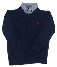 Tmavomodrý svetr s výšivkou a košilovým límcem Debenhams