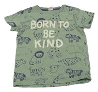 Khaki tričko se zvířátky a nápisem H&M