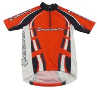 Červeno-černo-bílé cyklistické tričko s nápisem