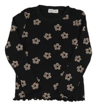 Černé kytičkované žebrované triko 