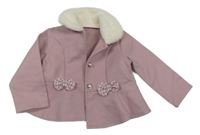 Růžový flaušový kabátek s kožíškem a mašličkami Shein