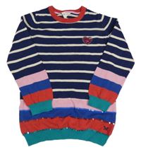 Tmavomoro-bílo-barevný pruhovaný svetr se srdíčkem 