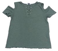 Khaki žebrované tričko se šněrováním zn. Primark