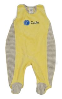 Žluto-šedé pruhované sametové dupačky s nápisem