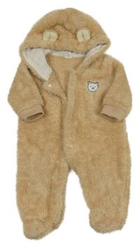 Béžová chlupatá kombinéza s medvědem a kapucí Shein