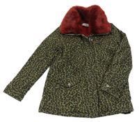 Khaki-čeerná vzorovaná plátěná zateplená bunda s kožešinou a kapucí 