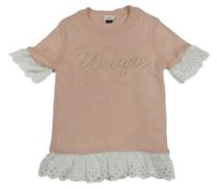 Světlerůžové pletené žebrované tričko s nápisem a krajkou River Island