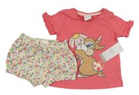 2set - Růžové tričko s Thumperem + bílé kraťasy s kytičkami Disney 