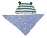 2set - Modro-bílý pruhovaný slinták s kytičkami + zeleno-bílá pruhovaná čepice 