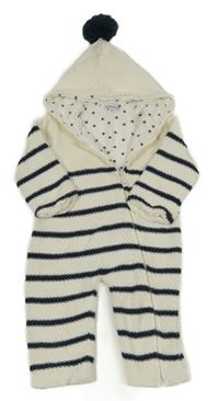 Bílo-tmavomodrá pruhovaná pletená podšitá kombinéza s kapucí Vertbaudet