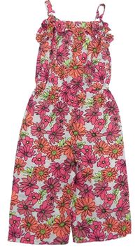 Smetanovo-růžovo-korálový květovaný kalhotový culottes overal s volánkem NUTMEG