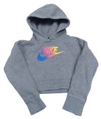 Šedá melírovaná crop mikina s logem a kapucí Nike