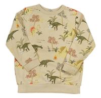 Světlebéžová melírovaná mikina s dinosaury a stany a palmami zn. Tu