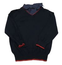 Tmavomodro-červený svetr se všitou košilí George