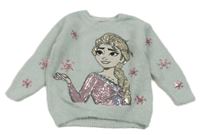 Světlemodrý třpytivý chlupatý svetr s Elsou a vločkami z flitrů C&A