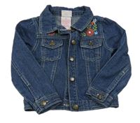 Tmavomodrá riflová crop bunda s kytičkami a límečkem Nannette