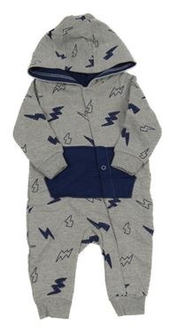 Šedo-tmavomodrá melírovaná tepláková kombinéza s blesky a kapucí Cheeky Chimp