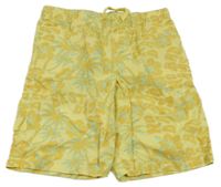 Žluté plátěné kraťasy s palmami a květy a nápisy H&M