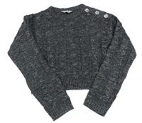 Tmavošedo-stříbrný melírovaný vzorovaný oversize crop svetr s knoflíky PRIMARK
