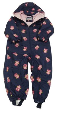 Tmavomodrá šusťáková jarní kombinéza se sovičkami a kapucí impidimpi