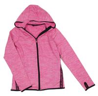 Křiklavě růžovo-černá melírovaná funkční sportovní propínací mikina s pruhem s nápisy a kapucí ERGEENOMIXX