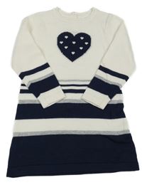 Bílo-šedo-tmavomodré svetrové šaty se srdíčkem a pruhy Topomini