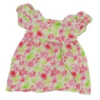 Růžovo-zelené květované plátěné šaty Primark 