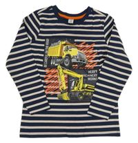 Tmavomodro-béžové pruhované triko se stavebními stroji Dopodopo