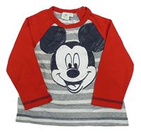 Šedo-bílo-červené triko s Mickeym a pruhy Disney