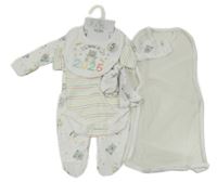 Nové - 5set - Bílo-barevné pruhované body + bílý overal s medvědy + slinták + bavlněná čepice + rukavičky