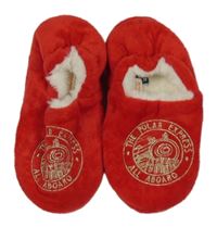 Červené chlupaté domácí bačkory s výšivkou - Polární express vel. 31