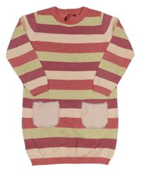 Růžovo-béžovo-vínové pruhované třpytivé svetrové šaty s chlupatými kapsami George