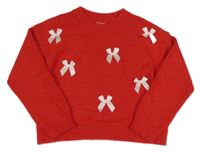 Červený chlupatý svetr s mašlemi F&F