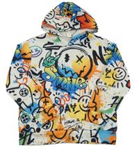 Bílo-barevná skvrnitá mikina se smajlíky s nápisy a kapucí Shein