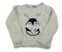 Šedý chlupatý svetr s tučňákem a flitry Pep&Co