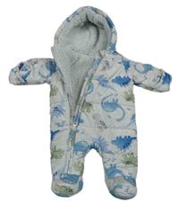 Světlemodrá šusťáková zimní kombinéza s dinosaury a kapucí Matalan