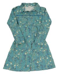 Tyrkysové květované propínací teplákové šaty s límečkem 