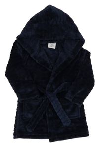 Tmavomodrý plyšový žebrovaný župan s kapucí Primark