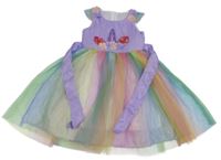 Lila-barevné tylové slavnostní šaty s jednorožcem a páskem 