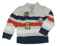 Šedo-tmavomodro-červený pruhovaný svetr s Tlapkovou patrolou Nickelodeon