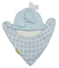 Nové - světlemodrá čepice s výšivkou + modrý slinták s tlapkami 