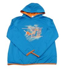 Modrá sportovní mikina s oranžovým lemem a potiskem a kapucí Peacocks