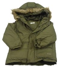 Khaki šusťáková zimní bunda s kapucí s kožešinou Mango
